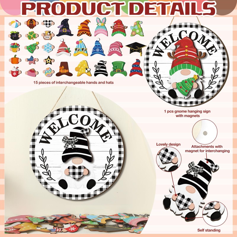 Qunclay Interchangeable Wooden Gnome Decor Holiday Seasonal Gnome Decorations with