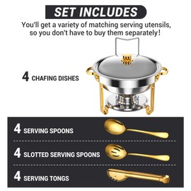 Keyoxy Round Chafing Dishes for Buffet 5 Qt,High Grade Chafing Dish Buffet Set, Full Size Pan,Rolled-Edge Design Food Warmers for Parties,Buffet,Wedding,Birthday,Camping 4 PACK (Half Gold)