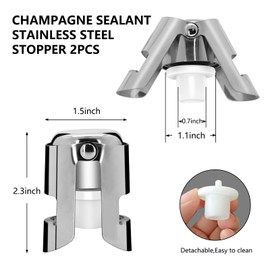 2Pcs Champagne Stoppers with Stainless Steel Champagne Saver with Food Grade Silicone Leak proof Keep Fresh Suitable for Champagne, Cava, Prosecco and Sparkling Silver (2)
