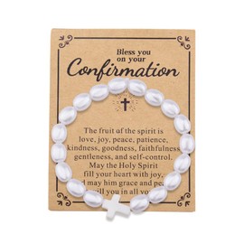 Pearl Catholic Bracelet with Cross Charm Bead Bracelet to Women Girls Confirmation Gifts for Women Girls Family Friend Religious Gift for Christian