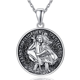 TANGPOET Saint Christopher Necklace 925 Sterling Silver Religious Jewellery Catholic Medal Protection Amulet for Men Women