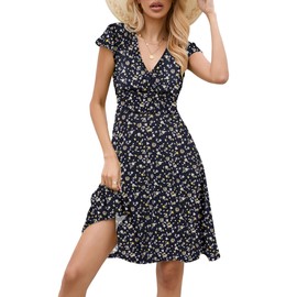 Zeagoo Women's A-line dress, V-neck, floral dress, elegant summer dresses, short sleeve casual dress, jersey dress, knee-length swing stretchy dresses, Blue flower