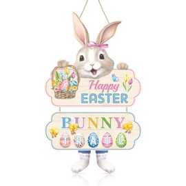 HPNIUB Happy Easter Trail Wood Sign Decor,Easter Decoration Hello Easter Wood Sign Plaque,Easter Bunny Egg Wall Art Fot Kid Room Bedroom Living room,Outdoor Indoor Sign
