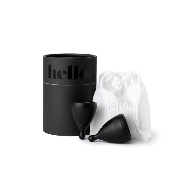 The Hello Cup Menstrual Cups Double Box, BPA Free, Reusable, Hypoallergenic, Recyclable, Medical Grade TPE, No Silicone, No Rubber, No Latex, XS Black & S / M Black, 1 box