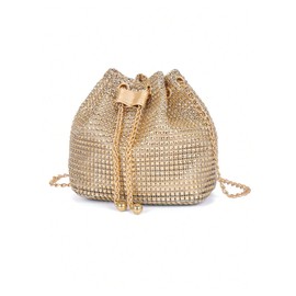 GORGLITTER Women's Pearl Decor Drawstring Crossbody Bag Chain Mini Bucket Handbags, Gold, One Size, Soft