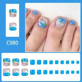 24Pcs Summer Press on Toenails Coconut Trees Fake Toe Nails with Beach Seashells Seagulls Pattern Design Full Cover Glossy Acrylic Toenails Blue Sky White Clouds Stick on Toe Nail for Women Girls