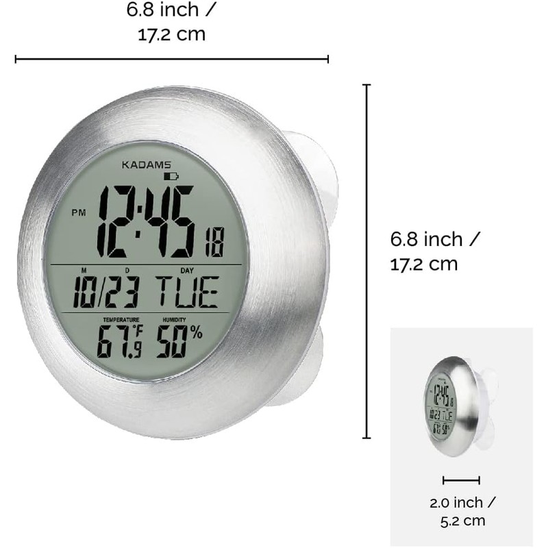 KADAMS Bathroom Shower Digital Wall Clock 9.5'' Kitchen Clock Calendar