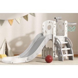 Glaf Toddler Slide 7 in 1 Kids Slides Outdoor Playset Indoor Playground for Backyard Baby Climber with Telescope Basketball Hoop and Ball Storage Space for Age 1+ Years (Grey)
