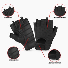 Hugger Fingerless Motorcycle Gloves for Men – Gel Padded Palm, Perforated Leather, Water-Resistant Driving Gloves