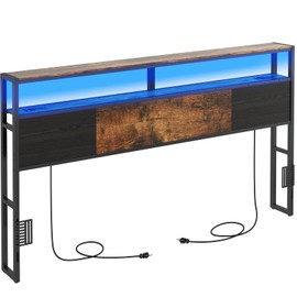 Livofloral King Size Headboard, Headboards with Charging Station, USB Port and LED Light, Head Board with 2-Tier Storage Shelf, Adjustable Height, Easy Assembly, Sturdy and Stable, Rustic Brown