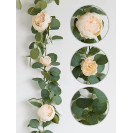 MISSPIN 2pcs Artificial Flowers Garland Spring Eucalyptus Garland Vintage Fake Flower Peony Rose Vine Greenery Decorative Wall Hanging Plant for Wedding Arch Door Arrangement Party Decor