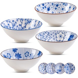 HINETER 42 Oz Deep Soup Bowls for Kitchen，8 Inch Ceramic Cereal Bowls Set of 4，Porcelain Dessert Bowls for Salad, Pasta, Oatmeal, Ramen, Microwave Dishwasher Safe