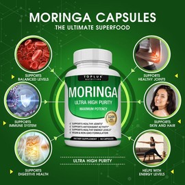 Moringa Capsules 1200mg - Pure Moringa Powder for Immune, Gut health 90 Capsules