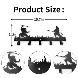 Samurai Fighting Coat Hooks Wall Art Decor-Bold Japanese Warrior Art Unique Metal Wall Hanging Asian Decor Key Hooks Holder Clothes Hat Rack And Backpack Hanger-Perfect For Living Room, Hallway