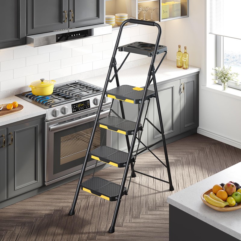 KINGRACK 4 Step Ladder with Tool Platform, Folding Step Stool