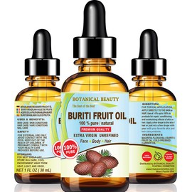 Botanical Beauty Brasileño Buriti Aceite De Fruta Puro Natural Virgen Sin Refinar Aceite Transportador Prensado En Frío Sin Diluir 1 Fl.Oz- 30 Ml Para Cara, Cuerpo, Cabello, Labios Y Uñas