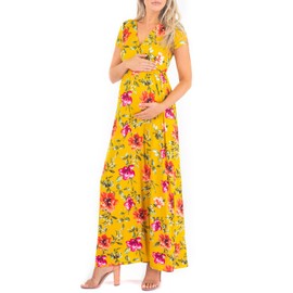 Mother Bee Maternity Short Sleeve Ruched Waist Faux Wrap Maxi Dress