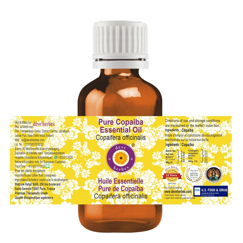 Deve Herbes Pure Copaiba Essential Oil (Copaifera officinalis) Natural Therapeutic