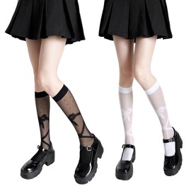 Liroyal Women's High Socks, 2 Pairs Set, Beautiful Leg Socks, Cute, Lace, Girl, Lolita Style, For School Commutes, Cosplay and Uniforms, For Spring and Summer, multicolor (black / white)