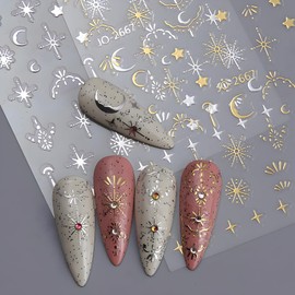 12 Blätter Silber Gold Mondstern Nagelkunst-Sticker - 3D selbstklebende Decals für Design und Decoration - Zubehör für Frauen