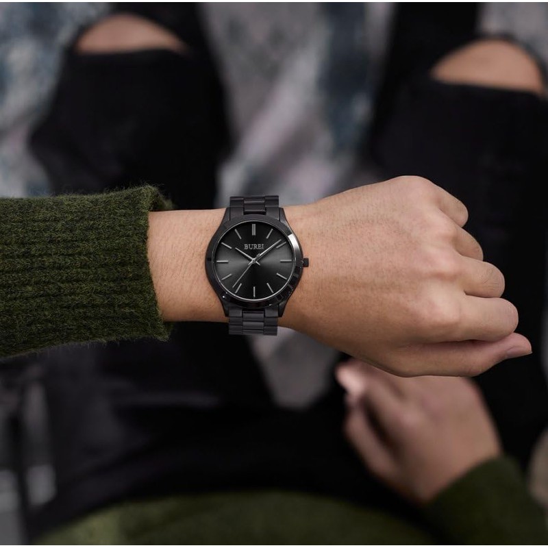 BUREI Men's Quartz Waterproof Analog Wrist Watch Men Watch, Black,