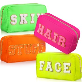 Remerry 4 Pcs Nylon Makeup Bags Waterproof Spacious Travel Cosmetic Bag for Women Chenille Letter Preppy Zipper Pouch Face Stuff Skin Hair Organizer Gift(Fluorescent Colors)