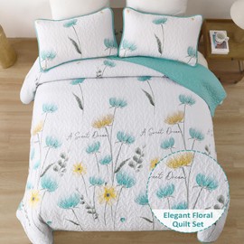 Dinjoy Floral Quilt Set Queen,Aqua Bedspread Queen Size 3 Pieces Lightweight Farmhouse Bedding Set Summer Quilts Soft Flower Bedspreads White Coverlet Sets for All Season