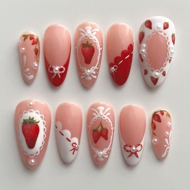 Pink Press on Nails Medium Almond Fake Nails Sets with Cute Pearl Bow Designs French Tip Acrylic False Nails Strawberry Stick on Nails Full Cover Glossy Glue on Nails for Women Girls DIY Manicure Tips