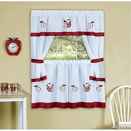 Gala Apple Embellished Cottage Window Curtain Set - Vibrant Design, Solid Red Banding, 58x36
