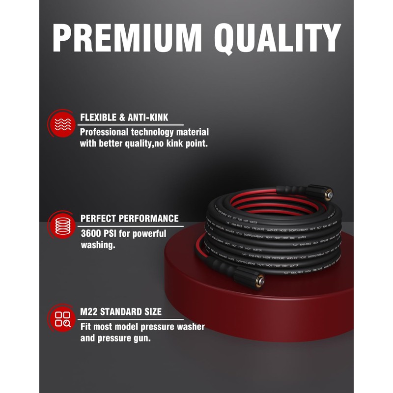 Flexible Pressure Washer Hose 25 FT, 3600 PSI Kink Resistant