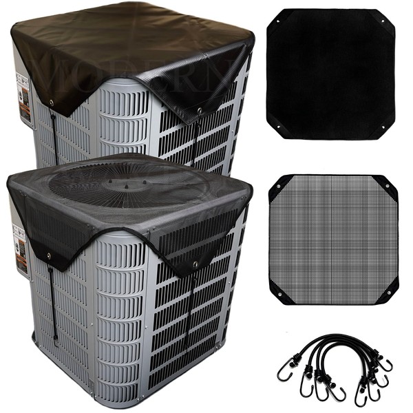 MODERN WAVE - 2 (Two) Central Air Conditioner Covers for Outside Units 36 x 36 inch - 1 (One) Top Universal Mesh Cover and 1 (One) Winter Waterproof Outdoor AC Defender Cover (Black, 36" x 36")