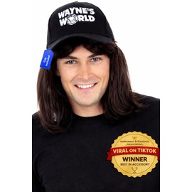 ALLAURA Compatible with Wayne’s World Wig and Hat – Black Mullet Wig with Wayne’s Cap for Men – 80s Rocker Costume, Heavy Metal Look, 1980s Party Outfit, Funny Halloween or Couples Costume Accessory