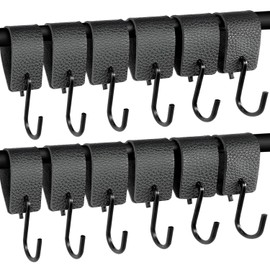 Chenyell Leather S Hooks, Camping Hooks, Multifunctional Hooks, Metal S-shaped Hooks for Hanging, Pram Hooks for Coat, Handlebar Hooks for Coat, 3 x 12.5 x 2.5 cm (Black, Pack of 12)