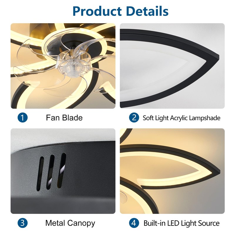 Dalouguan Ceiling Fan with Lights Remote Control, Black Flower Ceiling