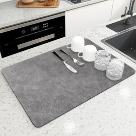 KEISHIN Dish Drying Mat, Soft Diatomaceous Earth, Absorbent Mat, Washable Kitchen Mat, Dish Drying Mat, Coffee Mat, Antibacterial, Deodorizing, Quick Drying, Oil-Resistant, Septal Heat Separation, Sink Top Shelf Sheet (Crest, Light Gray)