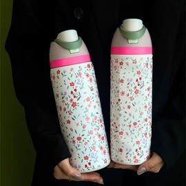 Floral Pattern Stainless Steel Vacuum Flask, 1 Count 24oz-32oz-40oz Insulated Water Bottle with Straw, Stainless Steel Thermos, Drinking Cup for Home Office School Outdoor, Portable Drinkware:_Small red flower - white cup body_24oz
