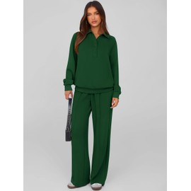 PRETTYGARDEN Women Fall 2 Piece Outfits Sweatsuits Quarter Button Long Sleeve Sweatshirt Wide Leg Pants Tracksuit Lounge Sets(Dark Green,Medium)