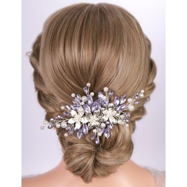 Teyglen Bridal Rhinestone Hair Clips Flower Wedding Hair Clips Purple Crystal Wedding Hair Barrettes Crystal Pearl Hair Piece Violet Rhinestone Headpiece Hair Accessory for Women (Light purple)