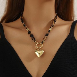 Scarf Necklace with Charm Boho Scarf Charm Necklace Heart Bow Round Beads Leopard Choker Necklaces Trendy Summer Jewelry Gifts for Women (Heart)