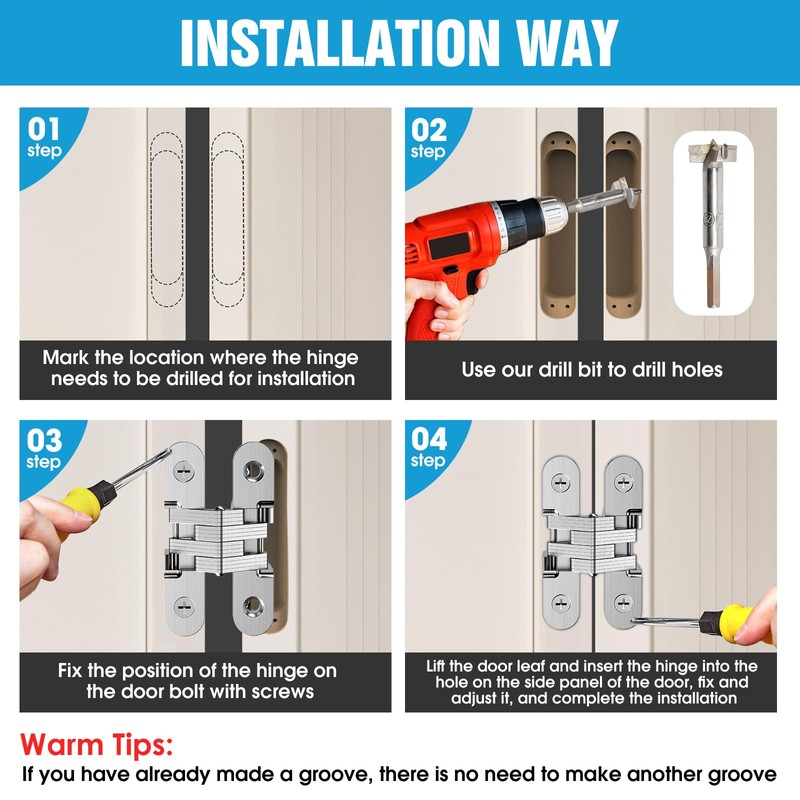 Hidden Hinges for Cabinet Doors, 180 Degree Invisible Door Hinges