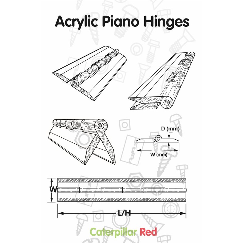 Caterpillar Red 3 x Acrylic Hinge 200mm WHITE, Continous Acrylic