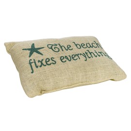 The Beach Fixes Everything - Burlap Accent Pillow with Star Fish - Aqua Print on Light Burlap - 12-in x 8-in