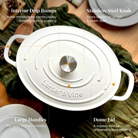 Larder & Vine Enameled Cast Iron Dutch Oven with Lid - Oversized Handles, Dome Lid, Dutch Oven for Sourdough Bread Making, 8QT/7.5L - (White)