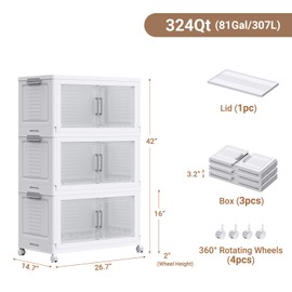 BROVIEW 108 Qt Plastic Storage Bins with Lid and Wheels, 3 Pack Large Stackable Collapsible Storage Bins with Doors, Closet Organizers and Storage Drawer, Foldable Storage Boxes for Home, White
