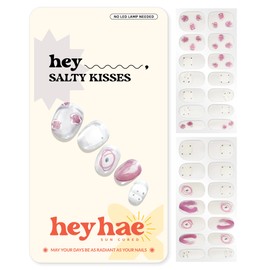 Heyhae Semi Cured Gel Nail Strips | No LED Lamp Needed | Glitter, Pink, Spring | Easy Apply & Remove, Salon Quality | Includes 28 Strips, 1 Prep Pads, Nail File & Wooden Stick - Hey, Salty Kisses
