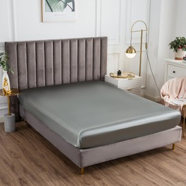 Morbuy Double Fitted Sheet Satin Silk Bed Sheets, Gray Fitted Sheets Deep Pocket 30 cm, Easy Care Ultra Soft Silky Fitted Bedsheets Good for Skin & Hair