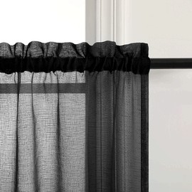 Juego de cortinas de 24 pulgadas para ventanas pequeñas, con bolsillo para barra, aspecto de lino semitransparente, cortinas modernas de encaje negro, cortinas cortas para ventana de baño, puerta delantera, no se transparentan, mini cortinas de 24 pulgad