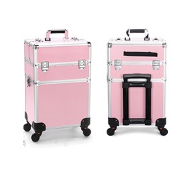 SCIKHEFT 2 Layer Rolling Makeup Train Case Professional Large Cosmetic Train trolley with wheels Aluminum Black (2 layers, Pink)
