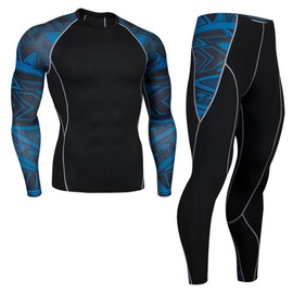 HOTIAN Mens Compression Tights and Shirts Long Sleeve Quick Dry Running Fitness Suits Blue