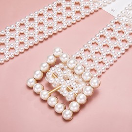 Barry.Wang 2pcs Pearl Belts Gift for Women Wedding Sash Belt for Dress Crystal Rhinestone Off White Waist Chain 95cm, X Long Square Buckle, One Size